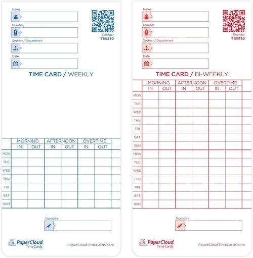 PaperCloud Time Cards - Weekly/Bi-Weekly Format, 3.38 x 7.25 Inches, 100-Pack