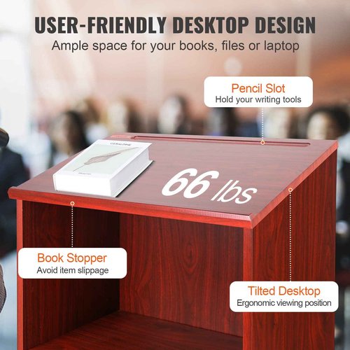 VEVOR Podium Stand, 47 inch Hostess Stand with 4 Rolling Wheels, Wood Podium with Storage Shelves and Slant Desktop, Lecterns & Podiums for Home, Office, School, Church, Brown
