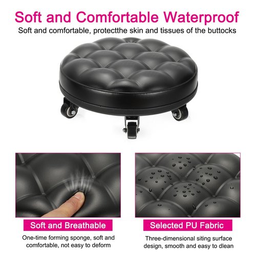 PATIKIL Low Roller Seat Wheel Stool Chair PU Leather Short Low Rolling Stool with Universal Wheel for Home Office Fitness (Black), 5.1" Height