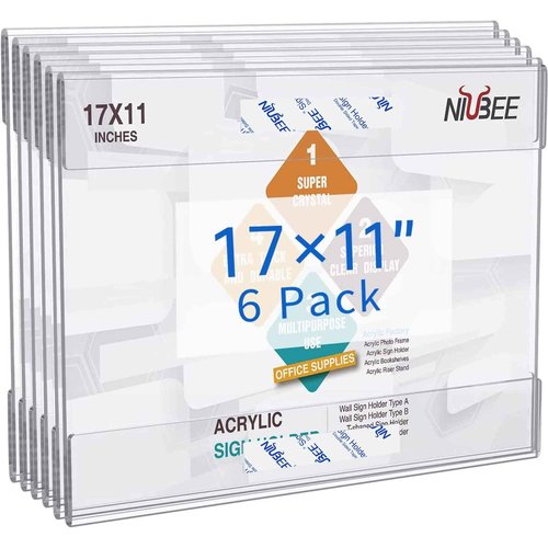 NIUBEE Acrylic Sign Holder 11 x 17 Horizontal Wall Mount Sign Holders Clear Acrylic Frame with Double Sided Tape Clear Poster Frames Plastic Sign Holder for Office, Home, Restaurant, Landscape, 6 Pack