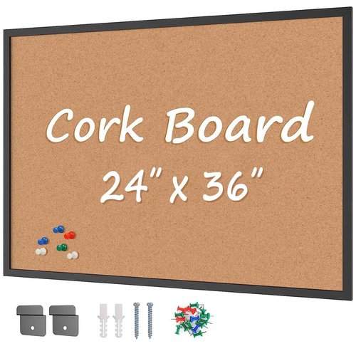 Board2by Cork Board Bulletin Board 24 x 36, Black Wood Framed 2x3 Corkboard, Office Board for Wall Cork, Large Wall Mounted Notice Pin Board with 16 Push Pins for School, Home & Office