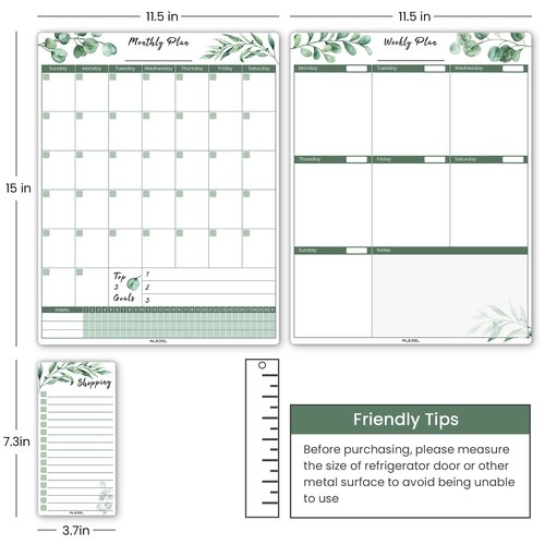 ALEZEL Magnetic Calendar for Refrigerator, Greenery Dry Erase Fridge Calendar Set (3 Boards) - Monthly & Weekly Planner Whiteboard, Shopping List White Board, 3 Markers + Eraser