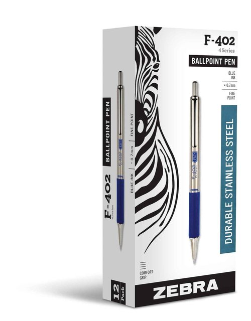 Zebra Pen F-402 Stainless Steel Retractable Ballpoint Ink Pens 12-Pack, Blue Ink, 0.7mm Fine Point, Easy-Glide Ink, Non-Slip Grip, Metal Clip, Refillable With F-Refill (29220)