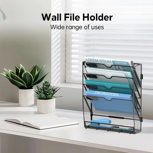 JMHUD Wall File Organizer with 5 Hooks 5 Tier Hanging File Organizer, Vertical Wall Mount Mail Organizer for Papers, Folders, Magazines, Bills, Office&School Organization, Black