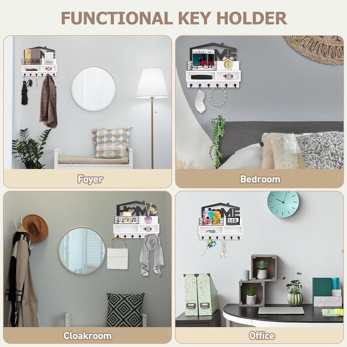 VIS'V Key Holder Wall Mount - Decorative Wooden Mail & Key Organizer with Storage Basket & Shelf | White, 2 Compartments, 6 Hooks