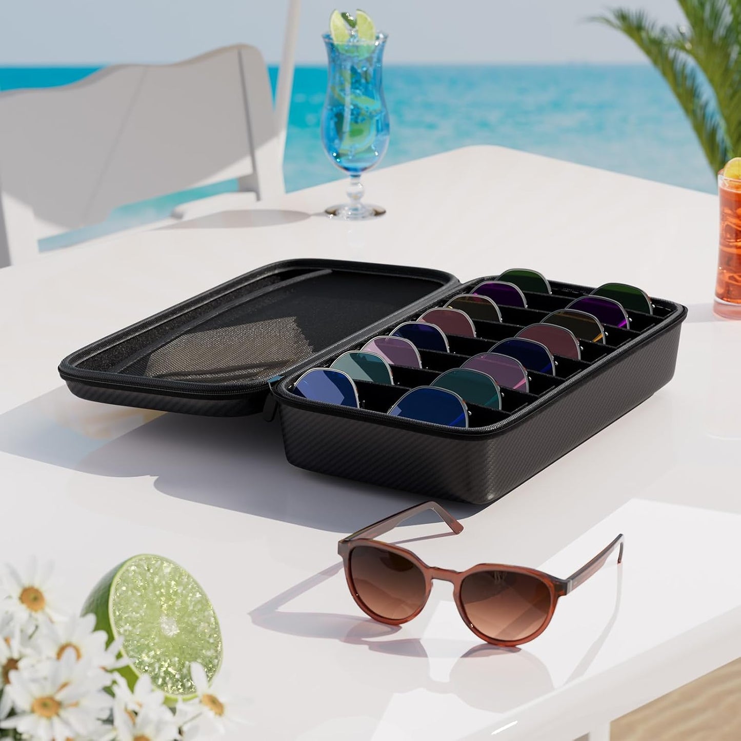 Skiennix Travel Sunglasses Organizer - Hard Shell Eyeglass Case with Adjustable Slots for Multiple Pairs