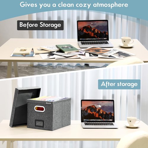 YWPXSN File Organizer Box with Lid - Hanging File Box with One-Piece Plastic Frame - Collapsible Decorative Document Storage Bins for Office Home (Dark Grey, 13.2x10.1x10.1in(2Pack))