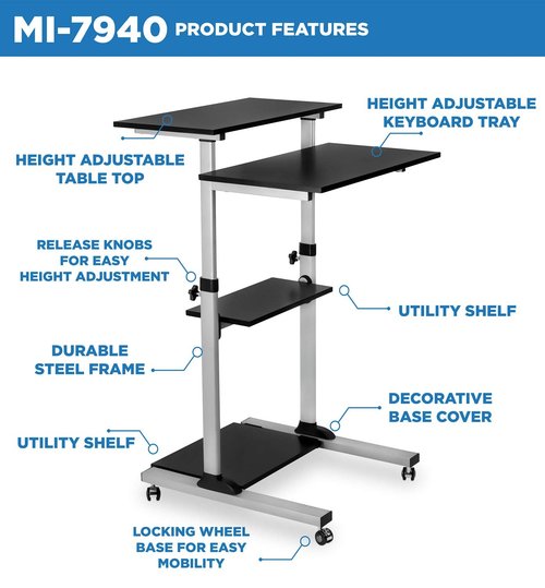 Mount-It! Rolling Desk Adjustable Height up to 54.7", Portable Standing Desk for Laptop or Podium Stand with Wheels, Mobile Roller Presentation Cart, Computer Work Station 27.5" Wide, Locking Wheels