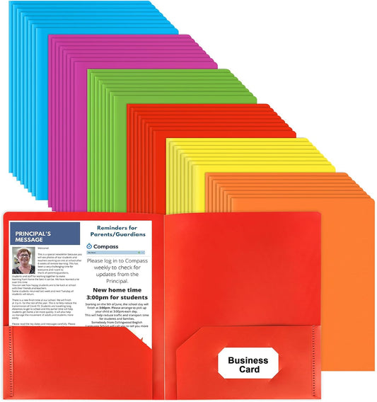 Skiennix Plastic Folders - Heavy Duty Two Pocket Design | 48 Pcs in 6 Vibrant Colors for Office & School