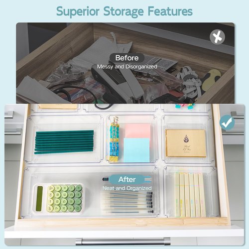 JOLLYIN 6 Pack Large Clear Plastic Drawer Organizer Trays, Desk Drawer Organizers and Storage Dividers, Non-Slip Storage Bins for Jewelry, Snacks, Office, Bathroom, Bedroom and Kitchen