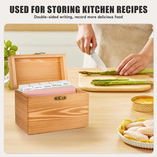 MOBYKE Index Card Holder 4x6, wooden Origanizer Recipe Box with 100 PCS Flash cards, 30 White Dividers, 1 Blank Sticker and 1 Letter Sticker, Flashcard Notecard Holders for Home Office