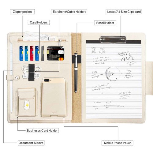 Toplive Conference Folder - Executive Business Padfolio with Letter/A4 Size Clipboard, Document Sleeve & Card Holders - Black