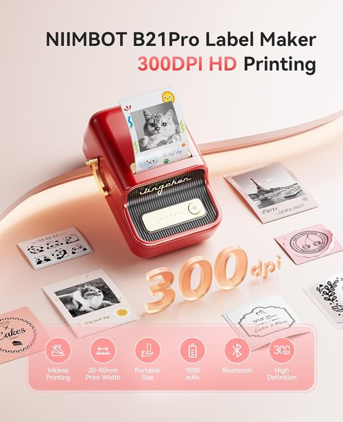 NIIMBOT B21 Pro Label Maker - 300DPI HD Printer for Notes & Photos | 50x30mm Red Labels