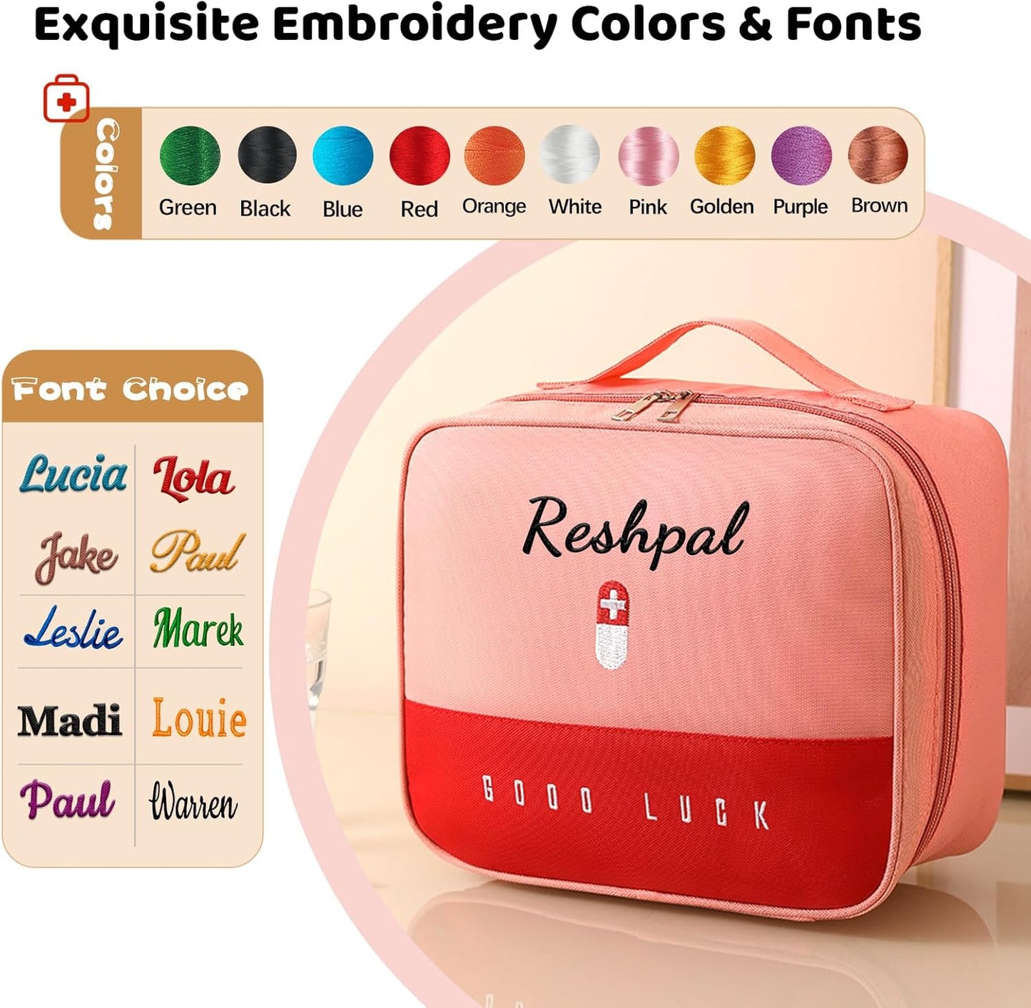 Skiennix Personalized First Aid Bag - Custom Travel Medicine Organizer with Embroidered Name | Portable Red Kit for Home, Car, Camping & Office