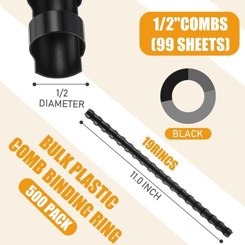 Maitys 500 Pcs 19 Ring Spiral Binding Coils Plastic Binding Combs Bulk Letter Size Black Binding Spines for Notebook Calendar Picture(1/2 Inch)