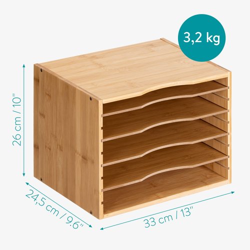 Navaris Bamboo Desk File Organizer - Paper Tray Letter Storage with 4 Adjustable Shelves - Desktop Inbox Trays - 13" Wide x 9.6" Deep x 10.2" High