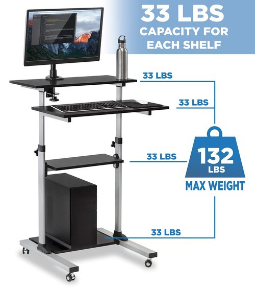 Mount-It! Rolling Desk Adjustable Height up to 54.7", Portable Standing Desk for Laptop or Podium Stand with Wheels, Mobile Roller Presentation Cart, Computer Work Station 27.5" Wide, Locking Wheels