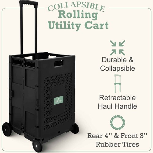 Inspired Living Collapsible Ultra-Slim Pack-N-Roll 4 Wheel Utility Cart, Upto 55 Lbs,Telescopic Handle,durable for Home, Garden, Shopping, Office, School, Laundry, Folds down to 3" Medium, Tall, Black