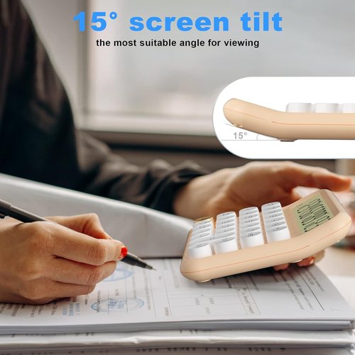 DECKLIT Mechanical Calculator - 12 Digit Extra Large 5-Inch LCD Display | Easy Press Buttons, 15° Tilt Screen (Cream)