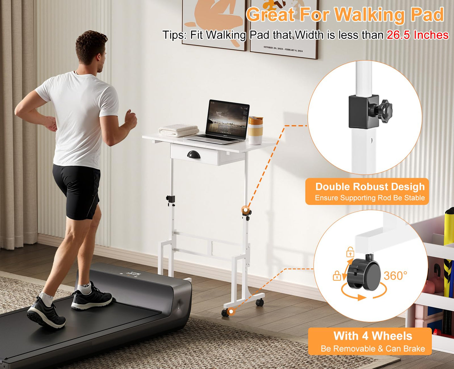 Cidaziya Adjustable Height Standing Desk for Walking Pad Treadmill, Portable Rolling Desk for Laptop with Drawer, Small Moblie Sit to Stand Desk On Wheels with Stiffener for Home Office Dorm Bedroom