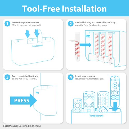 TotalMount Hole-Free Remote Holder – Eliminates Need to Drill Holes in Your Wall (Premium White Holder for 3 or 4 Remotes)