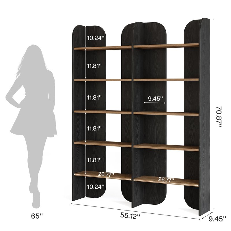 Tribesigns 5-Tier Tall Farmhouse Bookshelf, 70.87" Double Wide Bookcase with Open Shelves, Vintage Bookshelf for Living Room, Office, Study Room, Bedroom (Black)