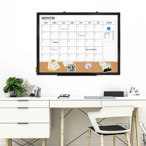 QUEENLINK Large Dry Erase Calendar for Wall, 36"x24" Double-Sided Magnetic Whiteboard Calendar with Cork Board, Black Aluminum Frame Monthly White Board Memo Message Board for Office, Home, School