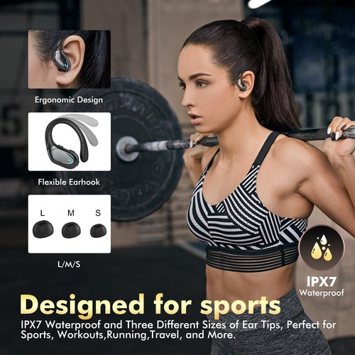 HAOYUYAN Wireless Earbuds, Sports Bluetooth Headphones, 80Hrs Playtime Ear Buds with LED Power Display, Noise Canceling Headset, IPX7 Waterproof Earphones for Workout/Running Black
