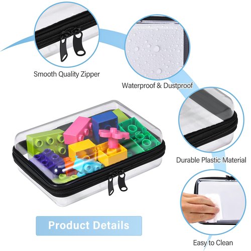 4 Pack Zippered Hard Pouch, Clear Plastic Storage Box Containers Small Toiletry Bag, Clear Hard Shell Zipper Case for Small Items, Toys, Building Blocks, Puzzles, Cosmetics, Stationery Accessories
