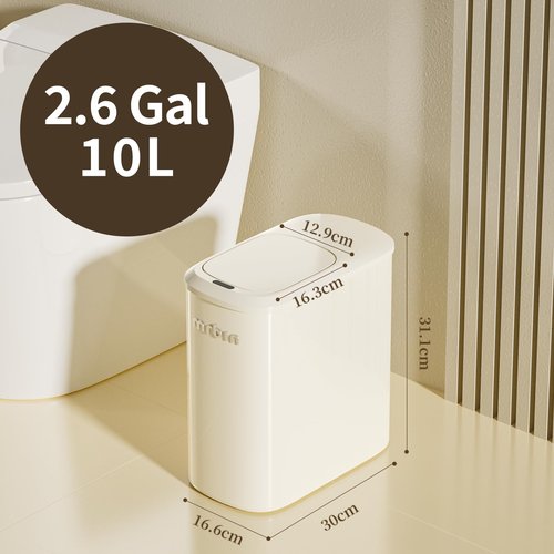 MRBIN Motion Sensor Adsorption Bag Bathroom Metal Trash Can with Lid and Wheels, 10L/2.6gal Automatic Removable Slim Electric Narrow Waste Basket for Near Desk Office, Bedroom, Kitchen, Rv, White