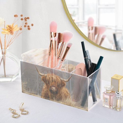 Sletend Highland Cow Cattle Acrylic Pencil Pen Holder Desk Accessories Holder, Cosmetic Brush Organizer Modern Design Desktop Stationery Organizer for Office School and Home 7.87 x 2.48 x 3.54 In