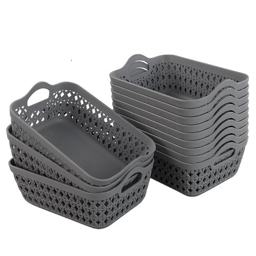 Kekow Gray Mini Plastic Storage Tray Basket with Handle, 12-Pack