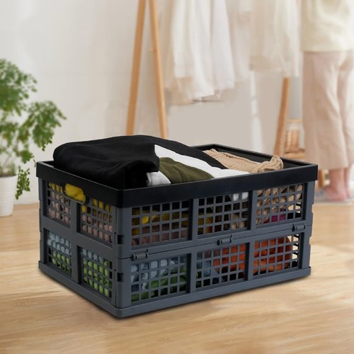 Hommp 3-Pack 34 L Plastic Collapsible Storage Crates, Large Stackable Folding Storage Crates