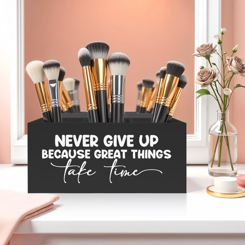 FITIE Inspirational Quotes Pencil Pen Holder for Desk, Never Give Up Because Great Things Take Time Wooden Pencil Holder Organizer for Home Office Desk Accessories, Gifts for Coworker