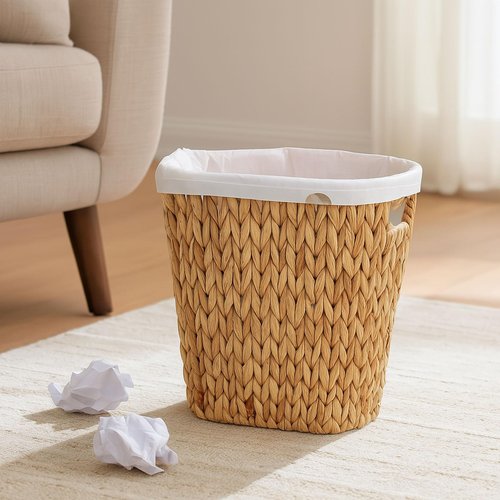 2 Pack Handwoven Water Hyacinth Trash Can - Natural Wicker Waste Basket with Wooden Handles, Slim Oval Design for Bathroom, Bedroom, Office (13"x7.5"x12") | Eco-Friendly & Space-Saving Storage Bin (2)
