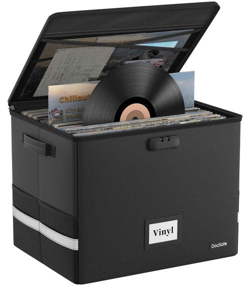 DocSafe Fireproof Vinyl Record Storage Box with Lock,Large Record Organizer Storage for 150+ Single Records,Collapsible Storage Crate with Lid&Handles for Valuable Album Collection,16.1''x13''x13''