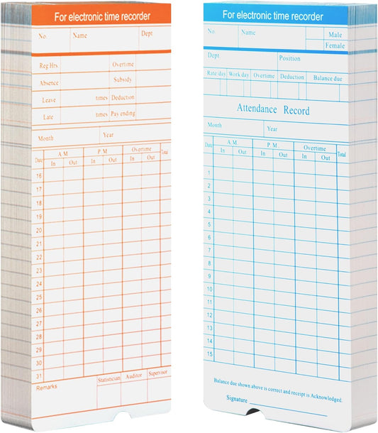 Volcora Time Cards - 100 Pack Two-Sided Timecards for Employees | 7.4 x 3.4 Inches, Overtime Tracking
