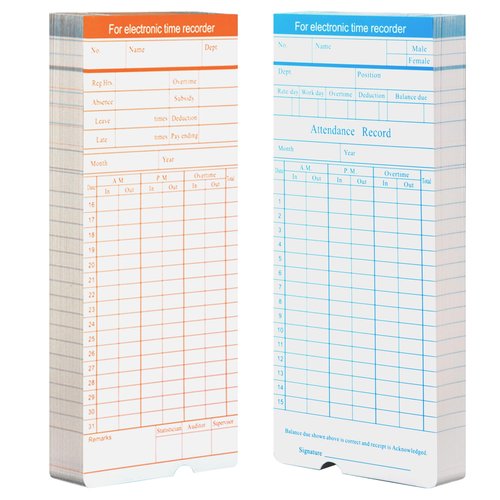 Volcora 100 Pack Time Cards for Employees 2 Sided 7.4 x 3.4" Sprint for Volcora Time Clock, Timecards Monthly for Time Recorder, Overtime and Total Hours Included