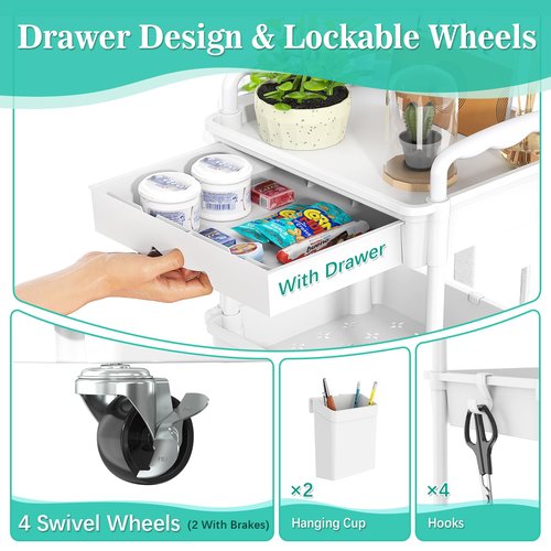 EaseSky 3 Tier Rolling Cart with Drawer, Bathroom Storage Organizer with 2 Lockable Wheels, Multifunctional Rolling Storage Cart for Bathroom, Kitchen, Office, Craft, Makeup, Baby Essentials, White