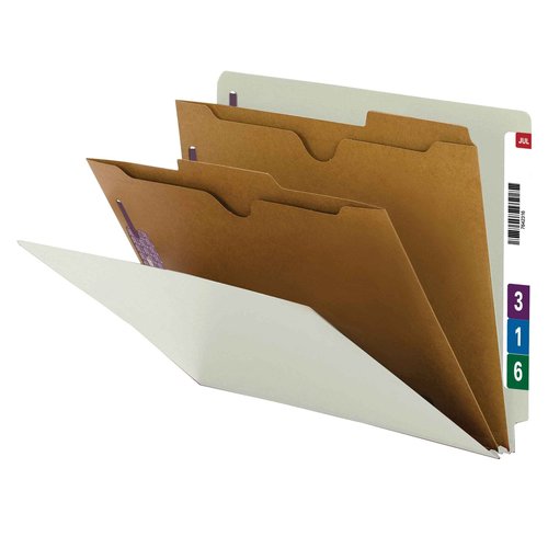Smead 100% Recycled End Tab Classification File Folder with SafeSHIELD Fasteners, 2 Pocket-Style Dividers, 2" Expansion, Letter Size, Gray/Green, 10 per Box (26710)