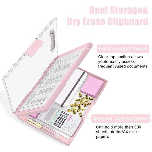 Hongri Clipboard with Storage, Pink 8.5 x 11 Folder Nursing Side Opening, Heavy Duty with Dual Compartment, Smooth Writing for Teachers, Classroom, Size 13.3 x 9.4 x 1.5 in, Office & School Supplies