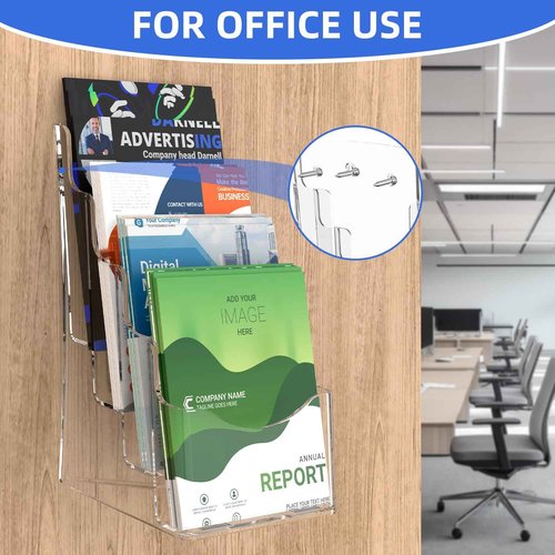 4 Pcs Acrylic Brochure Holder, 6 x9 Inches Flyer Holder, 4 Tier Clear Pamphlet Holder, 6.9 Inch Wide Magazine Literature Organizer Holder, Brochure Display Stand, for Wall Mount or Desktop Use
