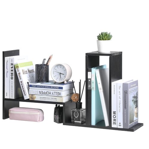 MyGift Adjustable Gray Solid Wood Desktop Storage Organizer Display Shelf Book Rack, Home Office Desk Decor Bookshelf