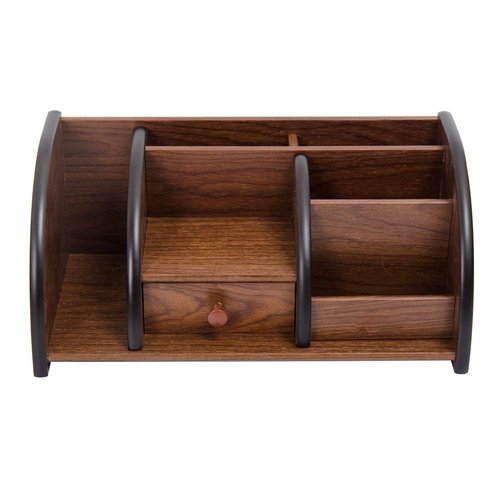 Liry Products Cherry Brown Wood Desktop Organizer Multiple Compartments Stepped Racks Drawer Shelf Tabletop Storage Cabinet Stationery Holder Office Accessory Supplies Caddy Sorter Home