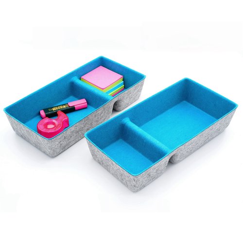 Welaxy Desk Drawer Organizer trays 2 Compartments Office Organizers Bins Felt storage bin for Junk pens notes socks scarf belts dividers Multi-Purpose Storage 2 pieces pack (Turquoise x 2)