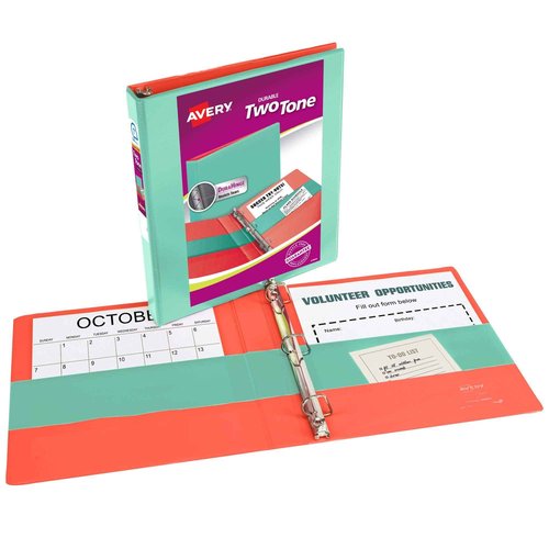 AVERY Two-Tone Binder 3 Ring 1 Inch Mint/Coral | Durable View | Slant Rings | 4 Interior Pockets | Pack of 6