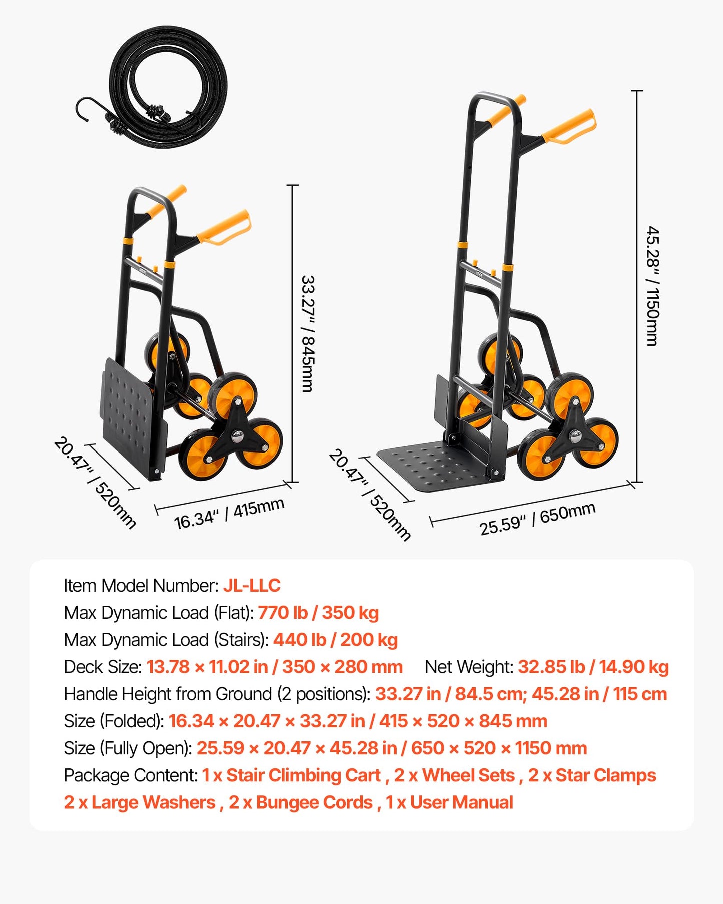 VEVOR Stair Climbing Cart, 770 lbs Stair-Climbing Capacity, Heavy-Duty Folding Trolley Cart with Telescoping Handle, 6 Wheels and 2 Bungee Cords, Stair Climber Dolly for Home, Groceries, Warehouse