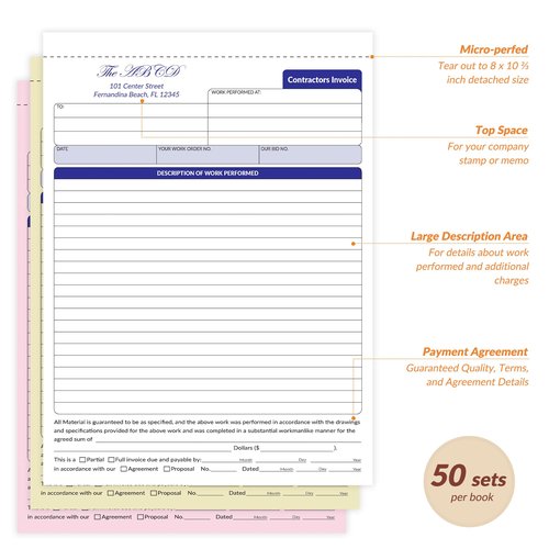 Harfesto Large Contractor Invoice Book, Invoice Receipt Book for Small Business, 3 Part Carbonless Work Order Estimate Forms, 8x11 in, 50 Sets