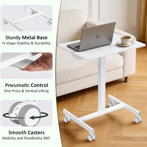 Skiennix Adjustable Height Mobile Standing Desk - Portable Sit-Stand Laptop Table with Lockable Casters | White