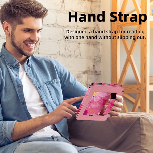 Famavala Slim Foldable Stand Case for 7" inch (12th Generation 2024) with Auto Wake/Sleep, Hand Strap; not fit for Boox Palma2 (Pink Flower)